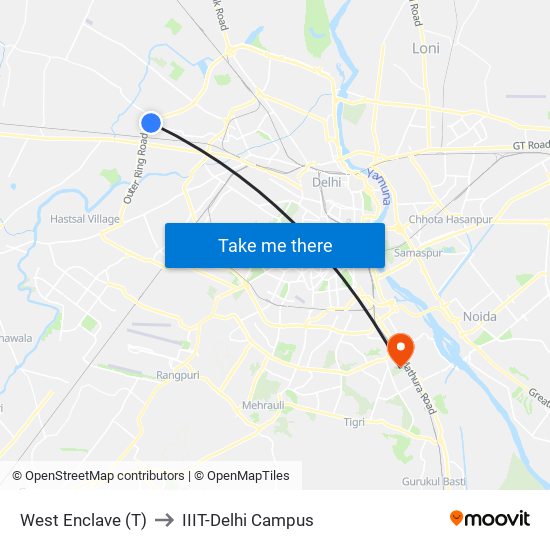 West Enclave (T) to IIIT-Delhi Campus map