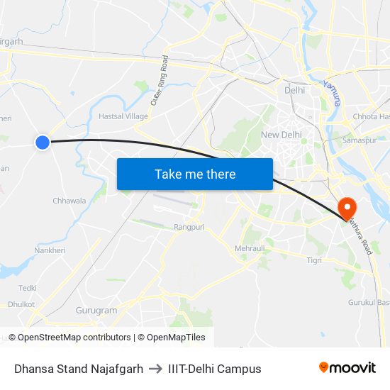 Dhansa Stand Najafgarh to IIIT-Delhi Campus map
