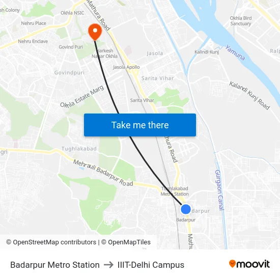Badarpur Metro Station to IIIT-Delhi Campus map