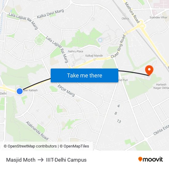 Masjid Moth to IIIT-Delhi Campus map