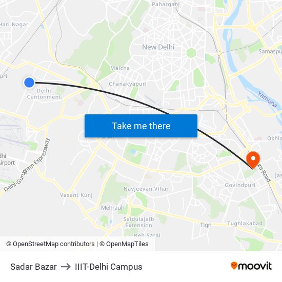 Sadar Bazar to IIIT-Delhi Campus map