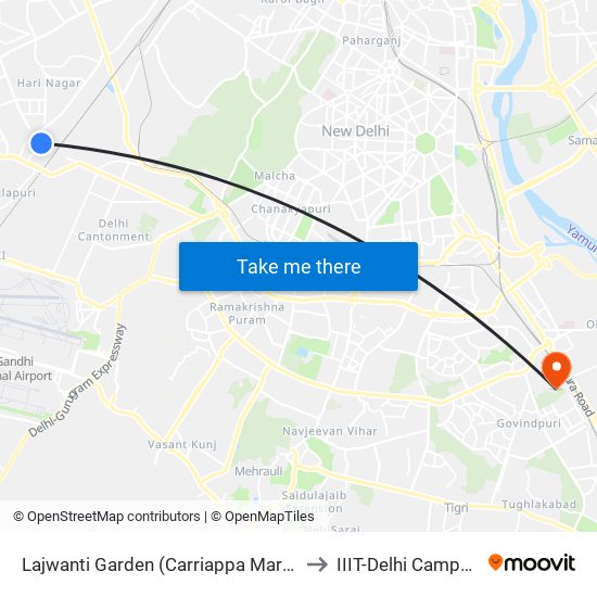 Lajwanti Garden (Carriappa Marg) to IIIT-Delhi Campus map