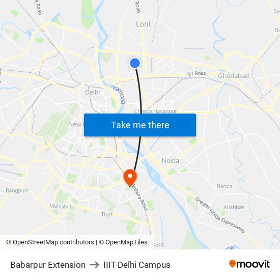 Babarpur Extension to IIIT-Delhi Campus map