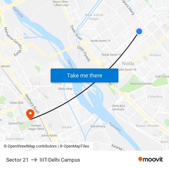 Sector 21 to IIIT-Delhi Campus map