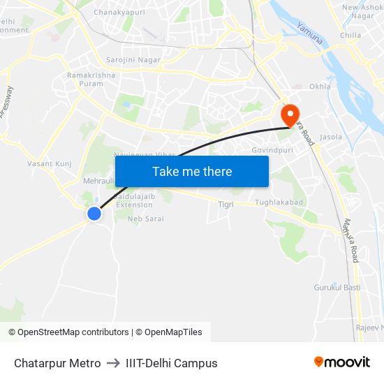 Chatarpur Metro to IIIT-Delhi Campus map