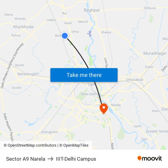 Sector A9 Narela to IIIT-Delhi Campus map