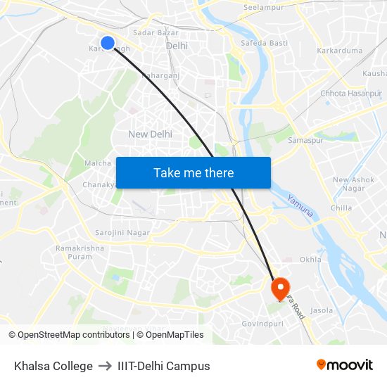 Khalsa College to IIIT-Delhi Campus map