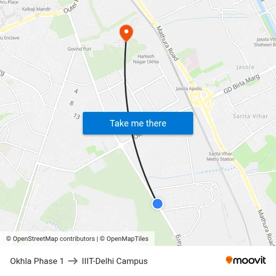 Okhla Phase 1 to IIIT-Delhi Campus map