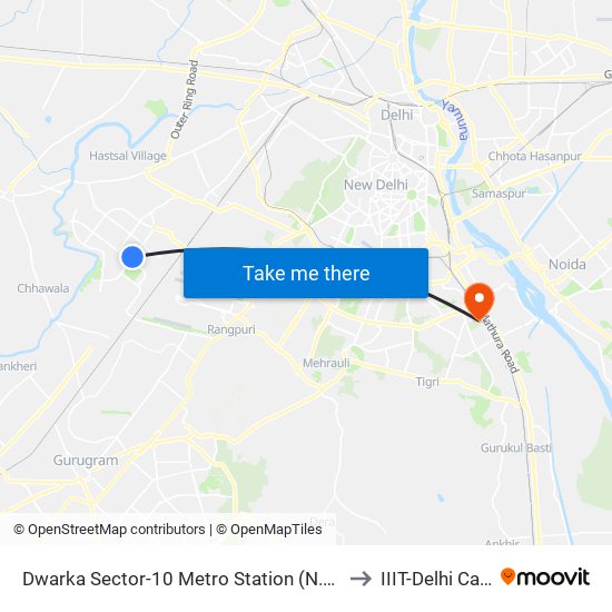 Dwarka Sector-10 Metro Station (N.H.A.I.Building) to IIIT-Delhi Campus map