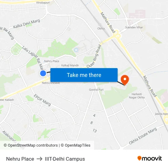 Nehru Place to IIIT-Delhi Campus map