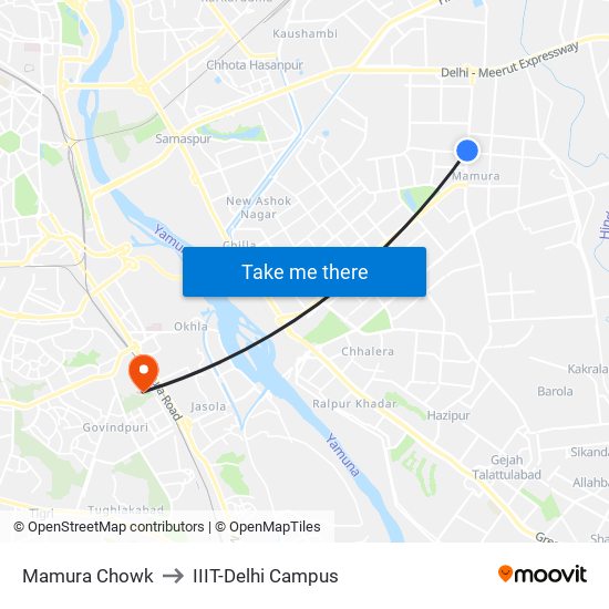 Mamura Chowk to IIIT-Delhi Campus map