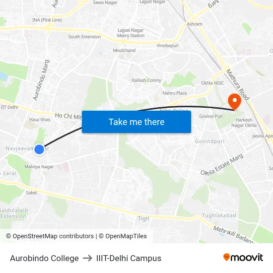 Aurobindo College to IIIT-Delhi Campus map