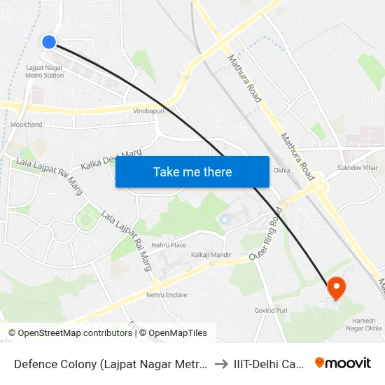 Defence Colony (Lajpat Nagar Metro Station) to IIIT-Delhi Campus map