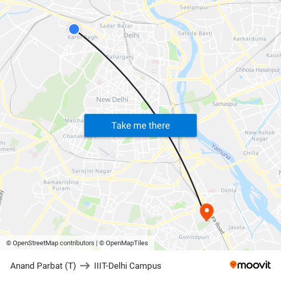 Anand Parbat (T) to IIIT-Delhi Campus map