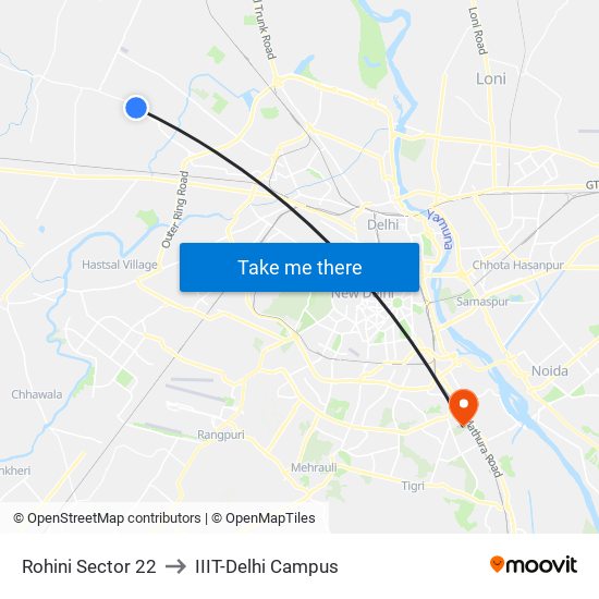 Rohini Sector 22 to IIIT-Delhi Campus map