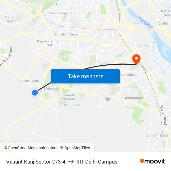 Vasant Kunj Sector D/3-4 to IIIT-Delhi Campus map