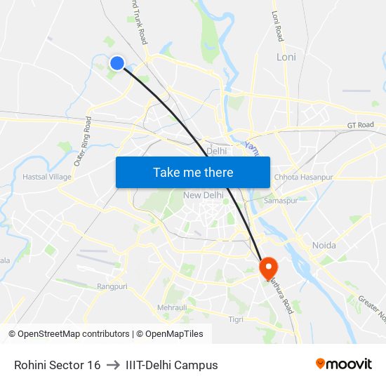 Rohini Sector 16 to IIIT-Delhi Campus map