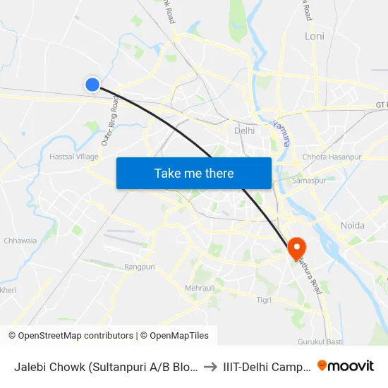 Jalebi Chowk (Sultanpuri A/B Block) to IIIT-Delhi Campus map