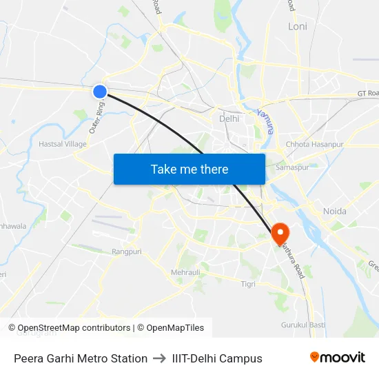 Peera Garhi Metro Station to IIIT-Delhi Campus map