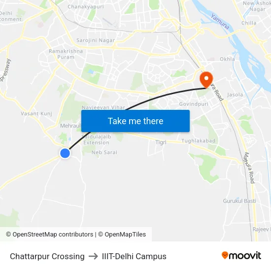 Chattarpur Crossing to IIIT-Delhi Campus map