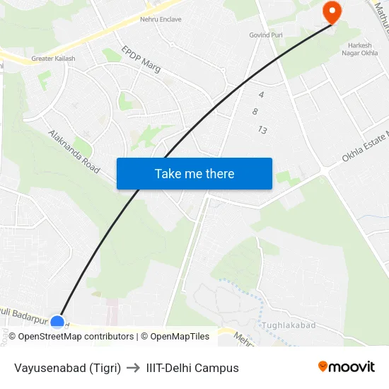 Vayusenabad (Tigri) to IIIT-Delhi Campus map