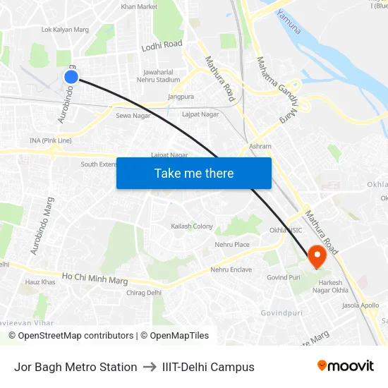 Jor Bagh Metro Station to IIIT-Delhi Campus map