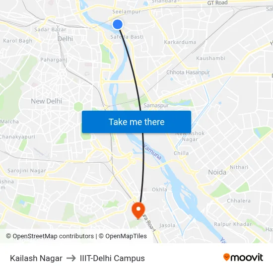 Kailash Nagar to IIIT-Delhi Campus map