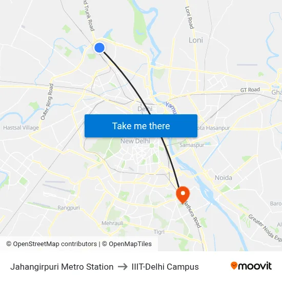 Jahangirpuri Metro Station to IIIT-Delhi Campus map