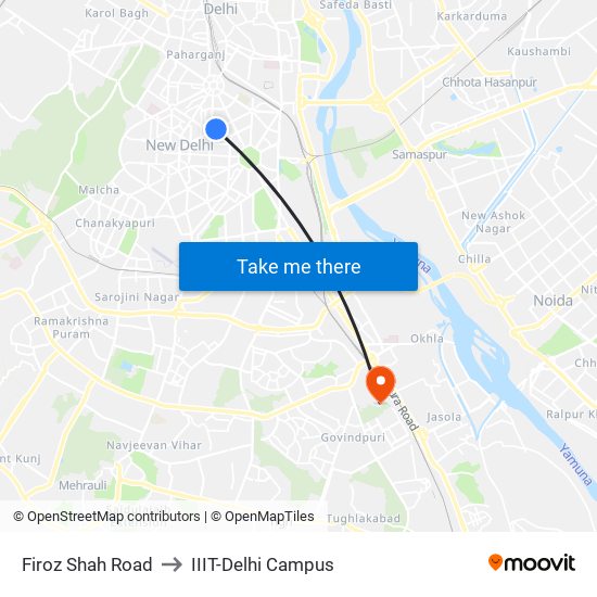 Firoz Shah Road to IIIT-Delhi Campus map