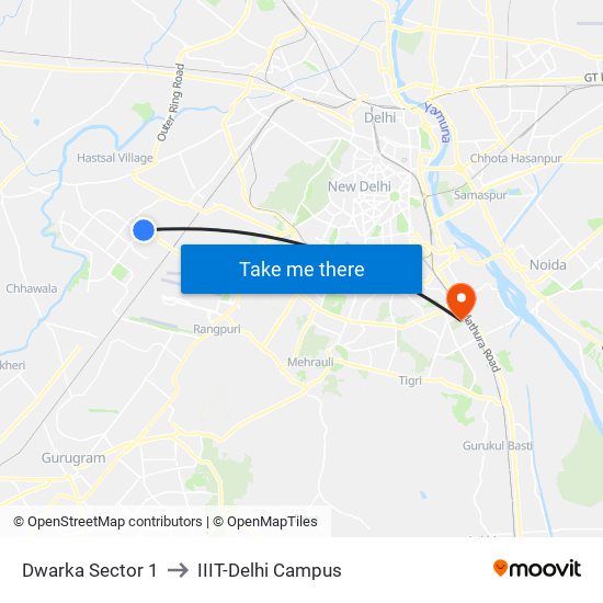 Dwarka Sector 1 to IIIT-Delhi Campus map