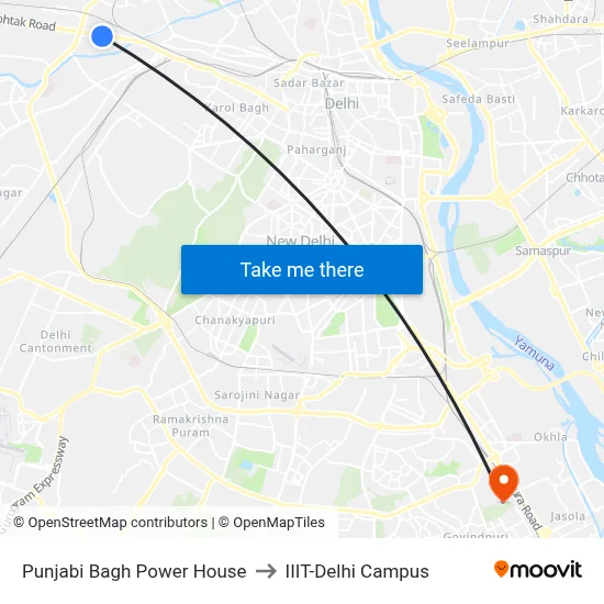 Punjabi Bagh Power House to IIIT-Delhi Campus map
