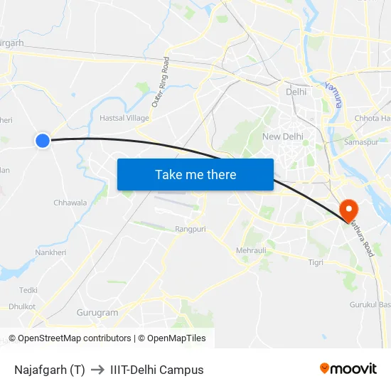Najafgarh (T) to IIIT-Delhi Campus map
