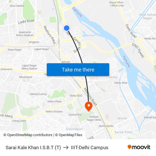 Sarai Kale Khan I.S.B.T (T) to IIIT-Delhi Campus map