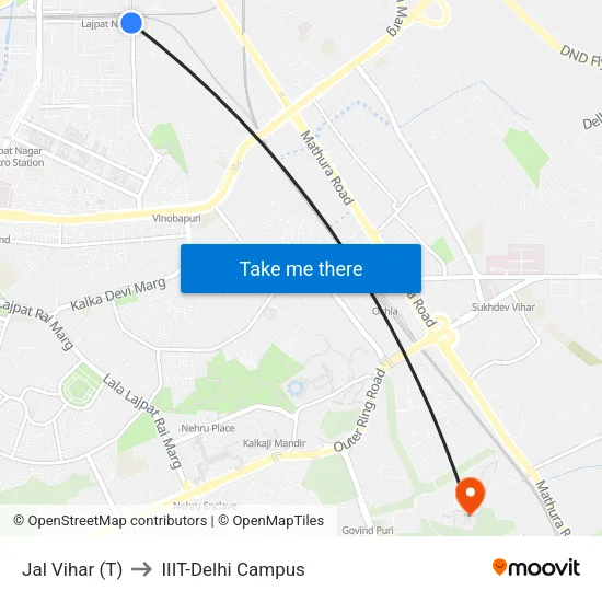 Jal Vihar Terminal to IIIT-Delhi Campus map