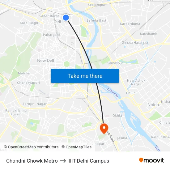 Chandni Chowk Metro to IIIT-Delhi Campus map