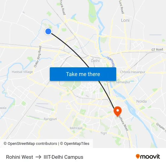 Rohini West to IIIT-Delhi Campus map