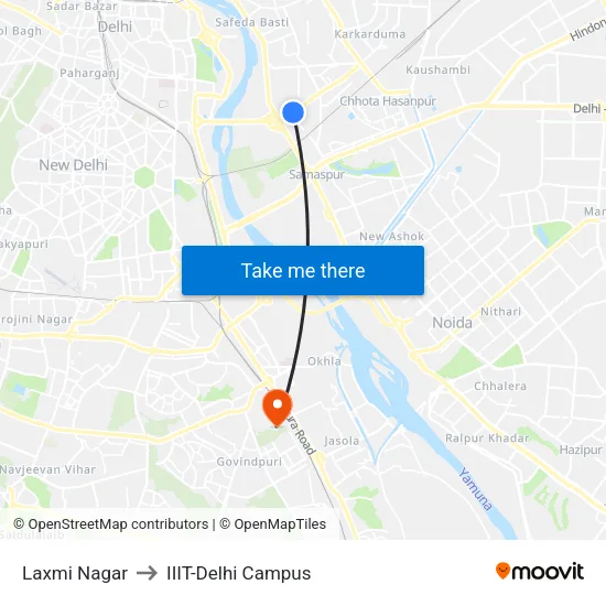 Laxmi Nagar to IIIT-Delhi Campus map