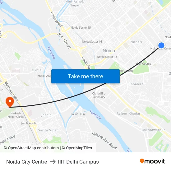 Noida City Centre to IIIT-Delhi Campus map