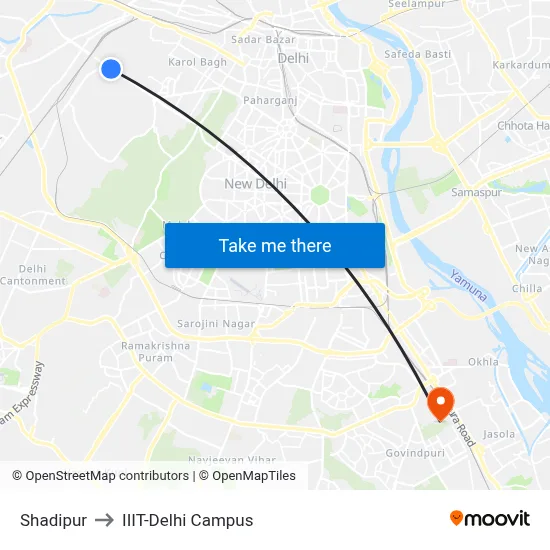 Shadipur to IIIT-Delhi Campus map