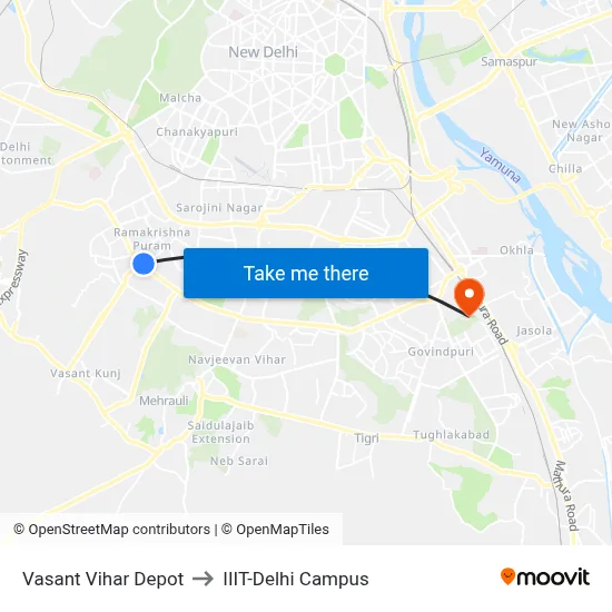 Vasant Vihar Depot to IIIT-Delhi Campus map
