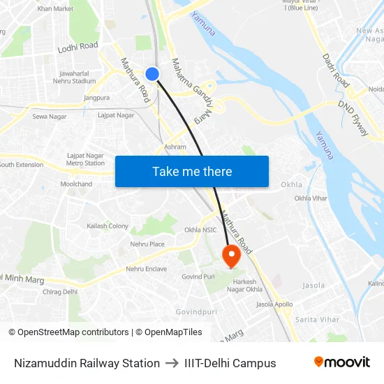 Nizamuddin Railway Station to IIIT-Delhi Campus map