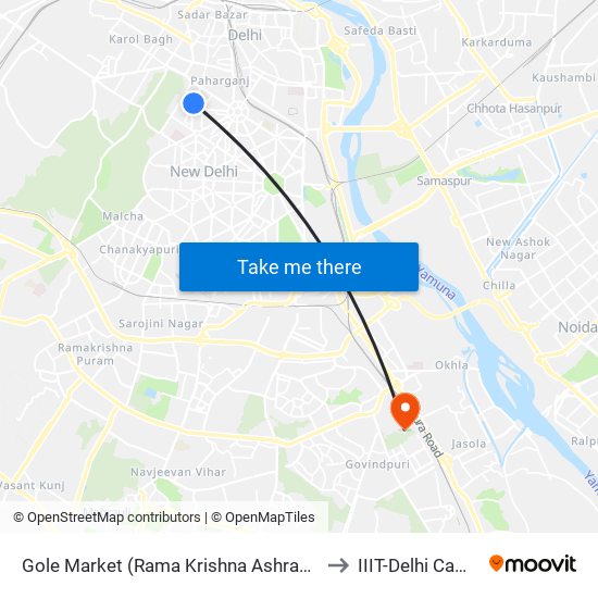 Gole Market (Rama Krishna Ashram Marg) to IIIT-Delhi Campus map