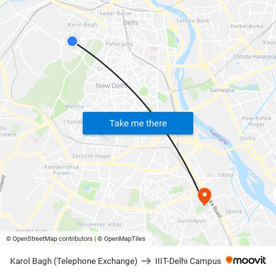 Karol Bagh (Telephone Exchange) to IIIT-Delhi Campus map