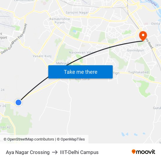 Aya Nagar Crossing to IIIT-Delhi Campus map