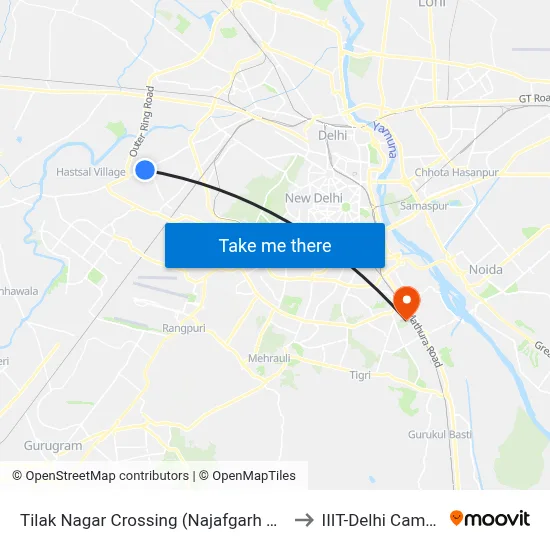 Tilak Nagar Crossing (Najafgarh Road) to IIIT-Delhi Campus map
