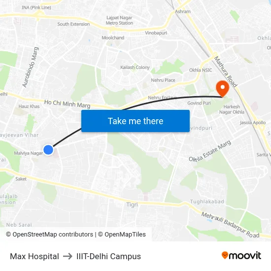 Max Hospital to IIIT-Delhi Campus map