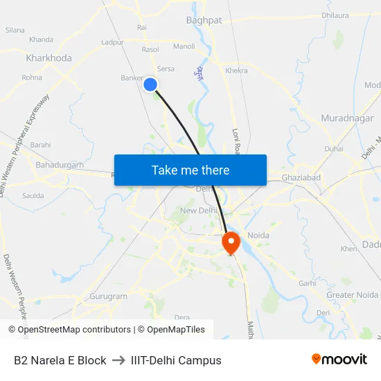 B2 Narela E Block to IIIT-Delhi Campus map