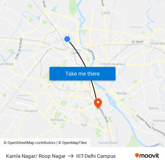 Kamla Nagar/ Roop Nagar to IIIT-Delhi Campus map