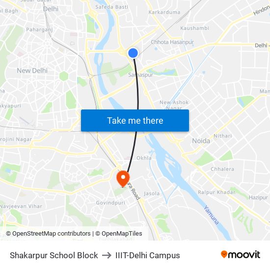 Shakarpur School Block to IIIT-Delhi Campus map