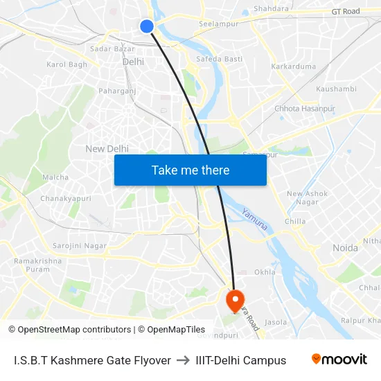 I.S.B.T Kashmere Gate Flyover to IIIT-Delhi Campus map